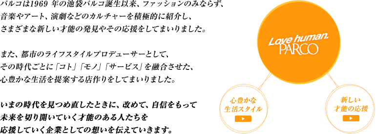 メッセージに込めた想い　パルコは1969 年の池袋パルコ誕生以来、ファッションのみならず、音楽やアート、演劇などのカルチャーを積極的に紹介し、さまざまな新しい才能の発見やその応援をしてまいりました。また、都市のライフスタイルプロデューサーとして、その時代ごとに「コト」「モノ」「サービス」を融合させた、心豊かな生活を提案する店作りをしてまいりましたいまの時代を見つめ直したときに、改めて、自信をもって未
来を切り開いていく才能のある人たちを応援していく企業としての想いを伝えていきます。